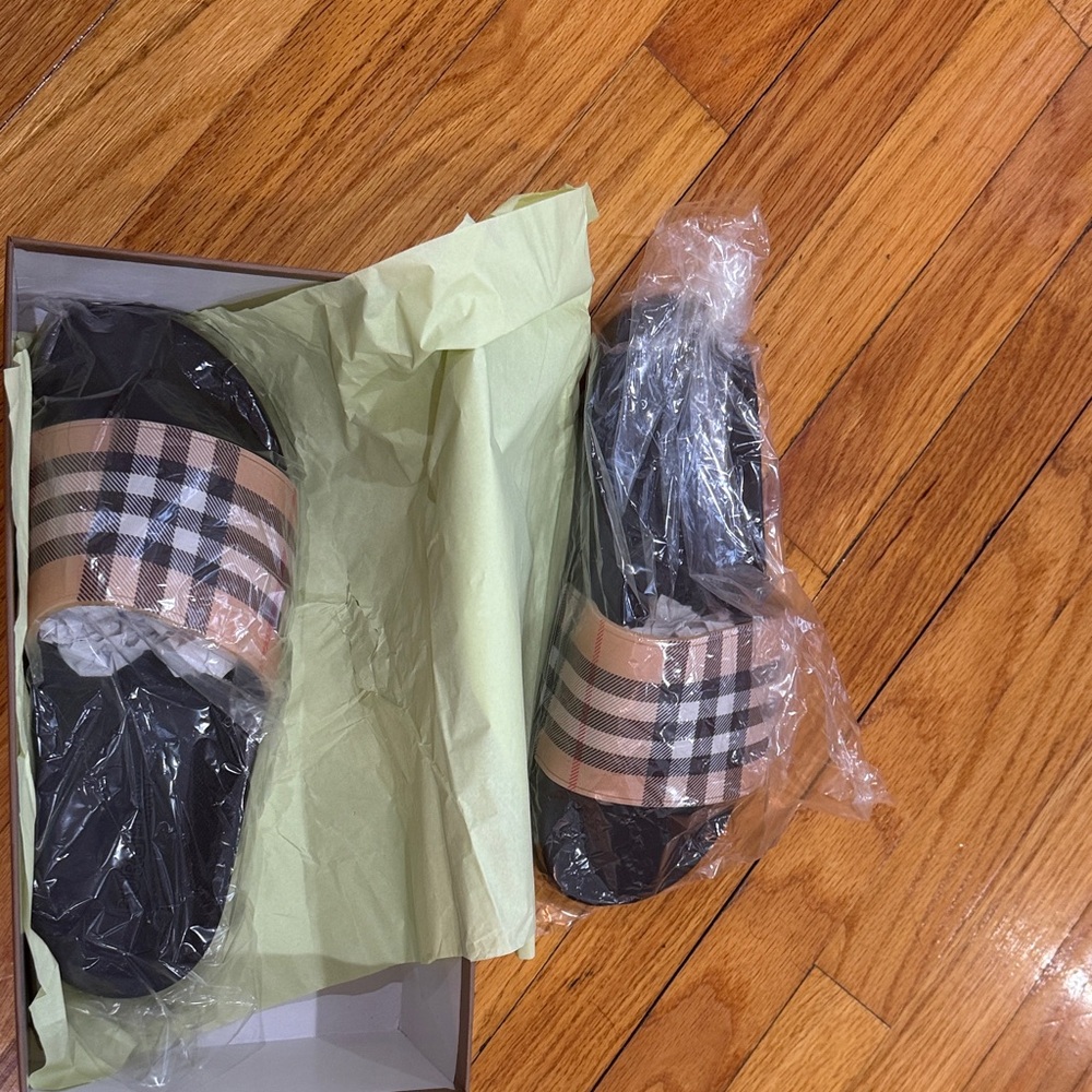 Burberry Black and Tan Checkered Slides